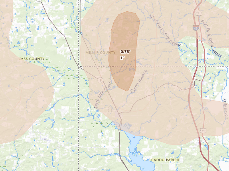 Radar-estimated hail-size map of the storm over Rodessa, LA on Jun 22, 2026