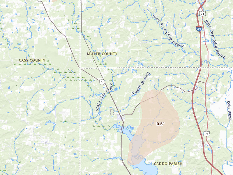 Radar-estimated hail-size map of the storm over Rodessa, LA on Jun 23, 2026