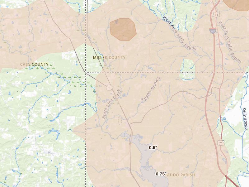 Radar-estimated hail-size map of the storm over Rodessa, LA on Jul 6, 2026