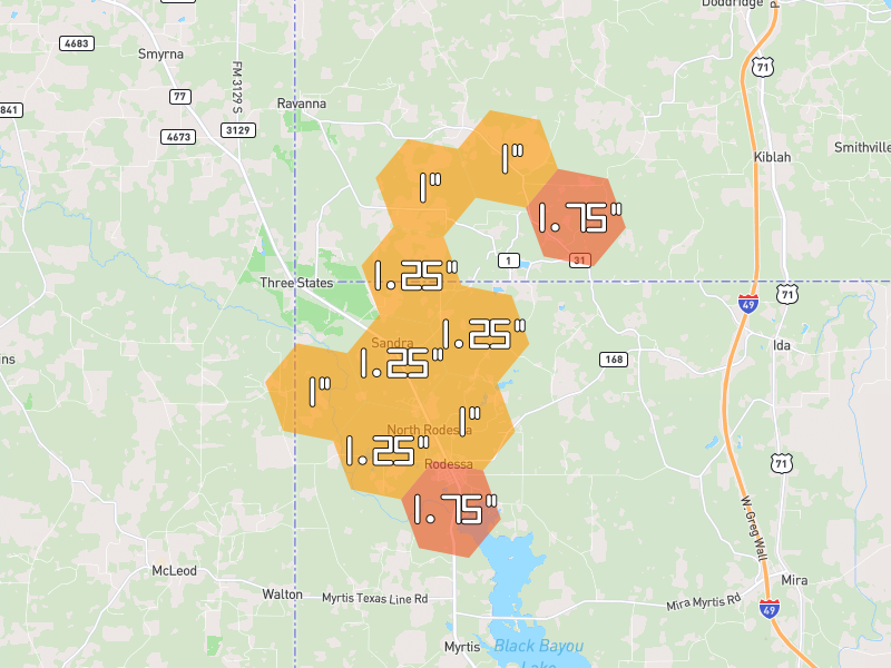 Hail map of Rodessa, LA on Jul 6, 2026, hail up to 1.75"