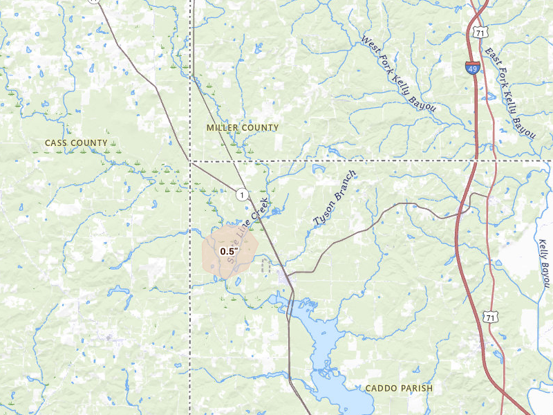 Radar-estimated hail-size map of the storm over Rodessa, LA on Aug 8, 2026