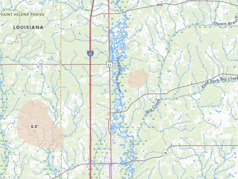 Radar-estimated hail-size map of the storm over Roseland, LA on Jul 1, 2026