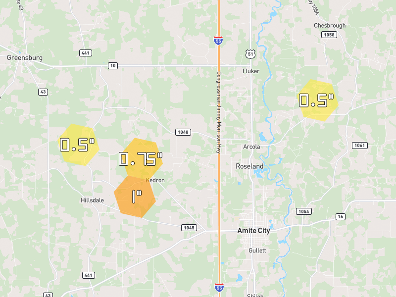 Hail map of Roseland, LA on Jul 1, 2026, hail up to 1"