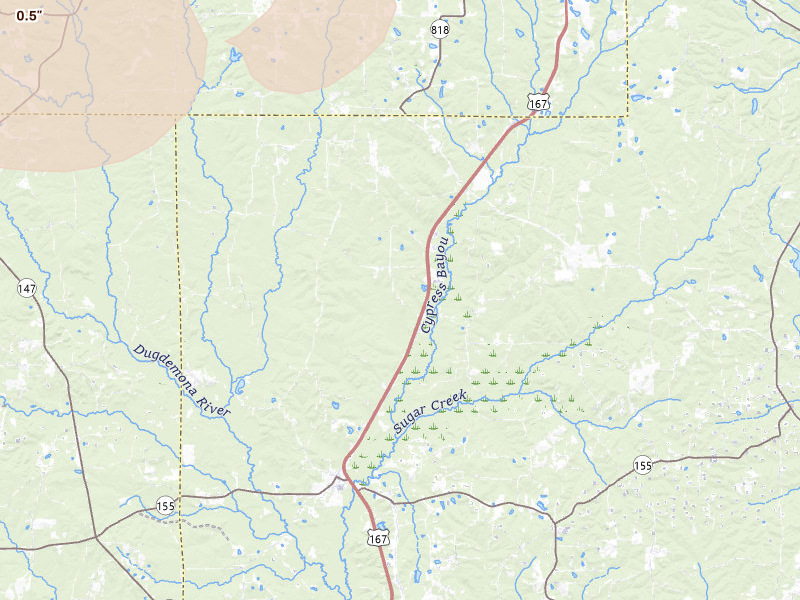 Radar-estimated hail-size map of the storm over Ruston, LA on Mar 15, 2026