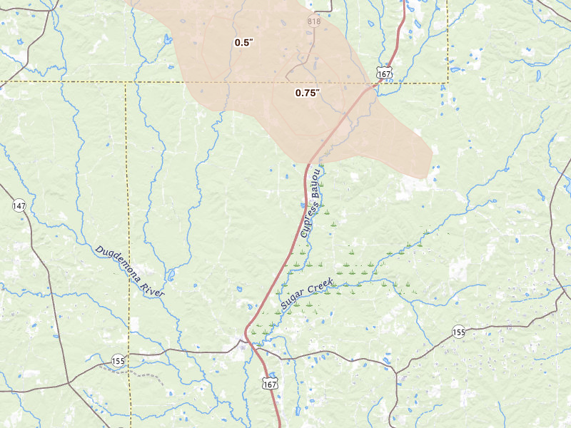 Radar-estimated hail-size map of the storm over Ruston, LA on Apr 25, 2026