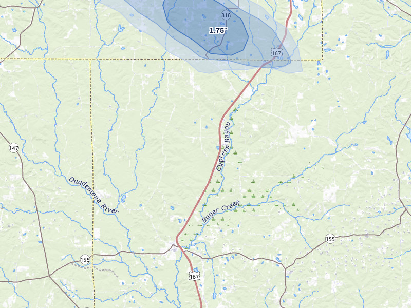 NEXRAD radar-signature map of the hail over Ruston, LA