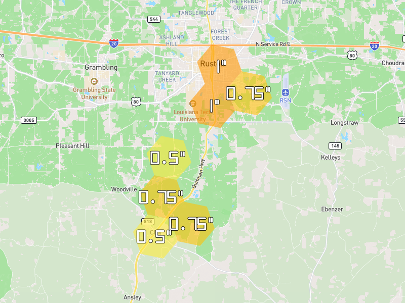 Hail map of Ruston, LA on Jun 2, 2026, hail up to 1"