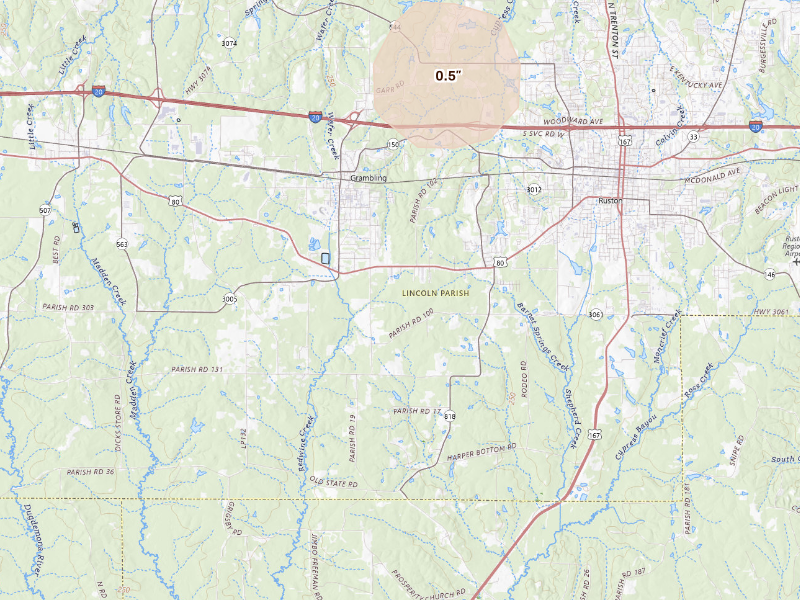 Radar-estimated hail-size map of the storm over Ruston, LA on Jun 12, 2026