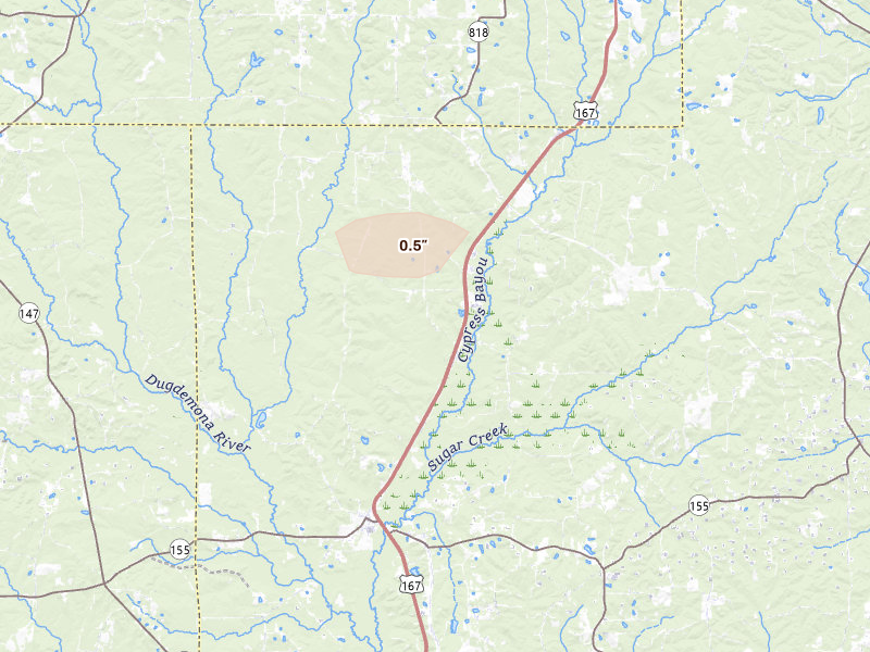 Radar-estimated hail-size map of the storm over Ruston, LA on Jul 4, 2026