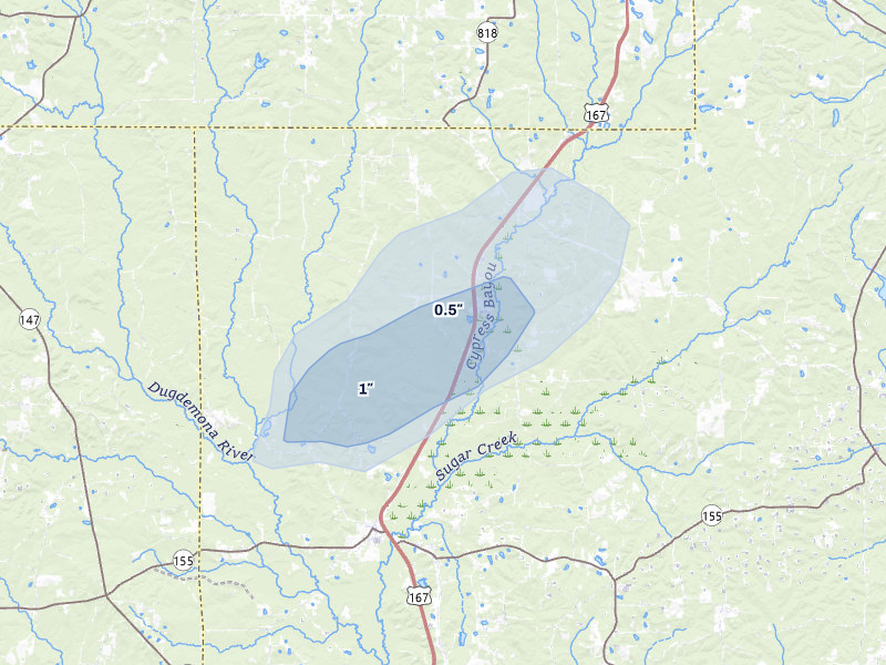 NEXRAD radar-signature map of the hail storm over Ruston, LA on Jul 4, 2026