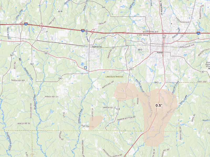 Radar-estimated hail-size map of the storm over Ruston, LA on Sep 13, 2026