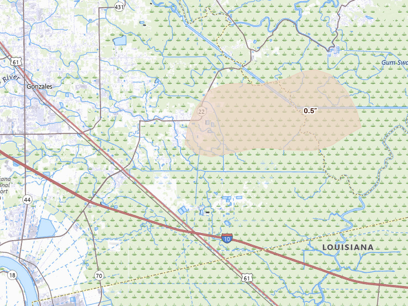 Radar-estimated hail-size map of the storm over Saint Amant, LA on Mar 15, 2026