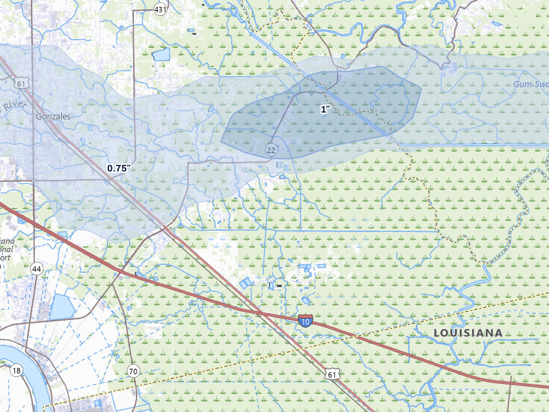 NEXRAD radar-signature map of the hail over Saint Amant, LA