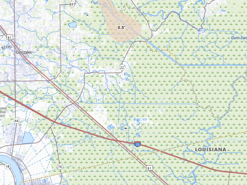 Radar-estimated hail-size map of the storm over Saint Amant, LA on Jul 5, 2026