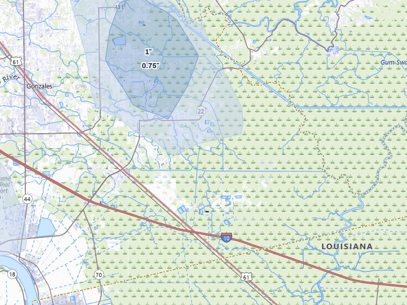 NEXRAD radar-signature map of the hail storm over Saint Amant, LA on Jul 5, 2026