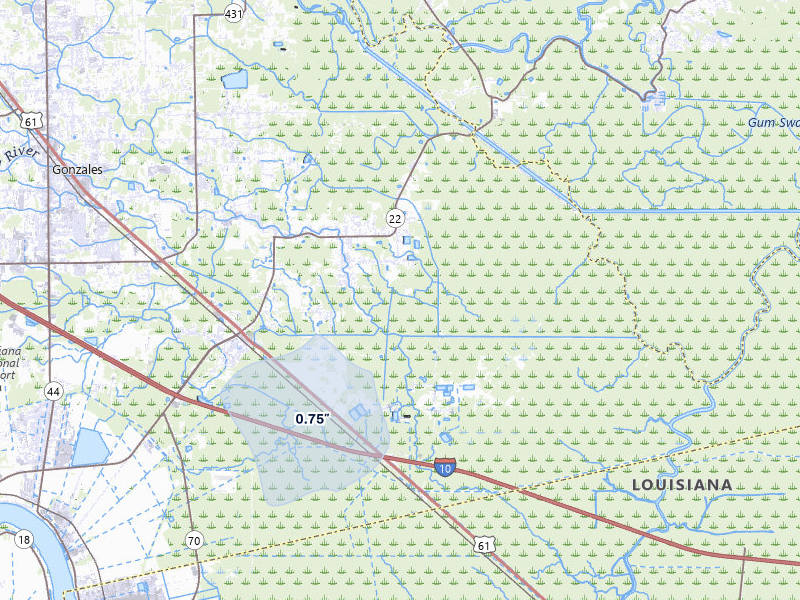 NEXRAD radar-signature map of the hail storm over Saint Amant, LA on Jul 8, 2026