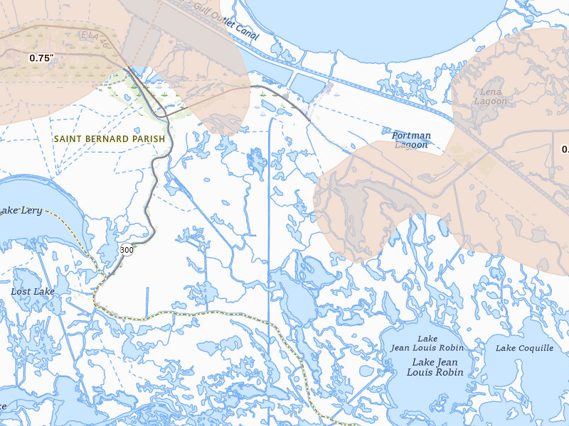 Radar-estimated hail-size map of the storm over Saint Bernard, LA on Mar 15, 2026