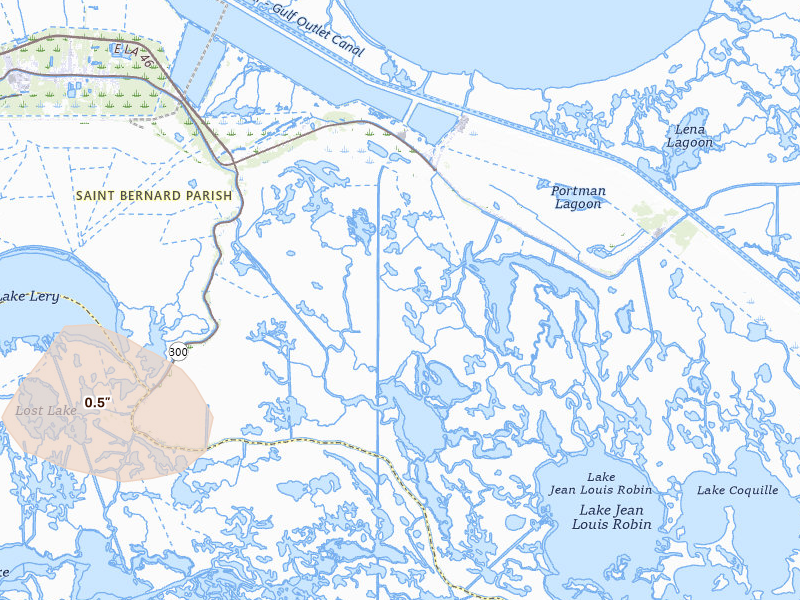 Radar-estimated hail-size map of the storm over Saint Bernard, LA on Jul 1, 2026