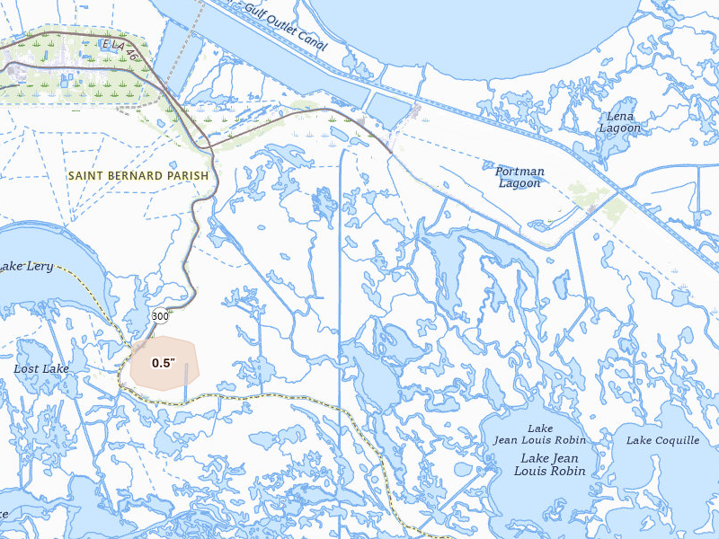 Radar-estimated hail-size map of the storm over Saint Bernard, LA on Jul 5, 2026