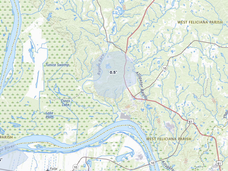 NEXRAD radar-signature map of the hail over Saint Francisville, LA