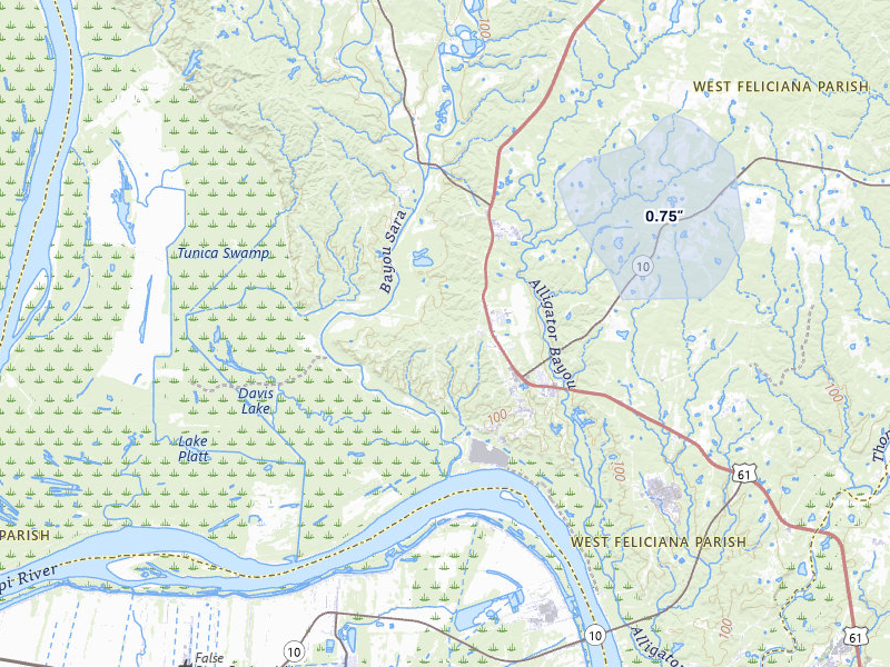 NEXRAD radar-signature map of the hail storm over Saint Francisville, LA on Apr 4, 2026
