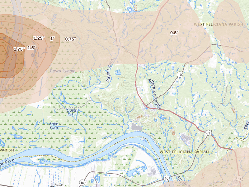Radar-estimated hail-size map of the storm over Saint Francisville, LA on May 8, 2026