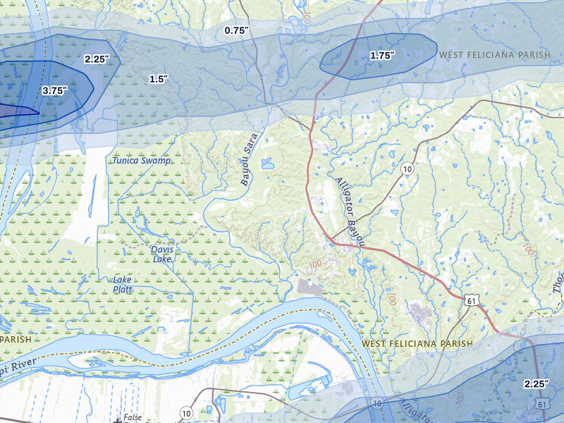 NEXRAD radar-signature map of the hail storm over Saint Francisville, LA on May 8, 2026