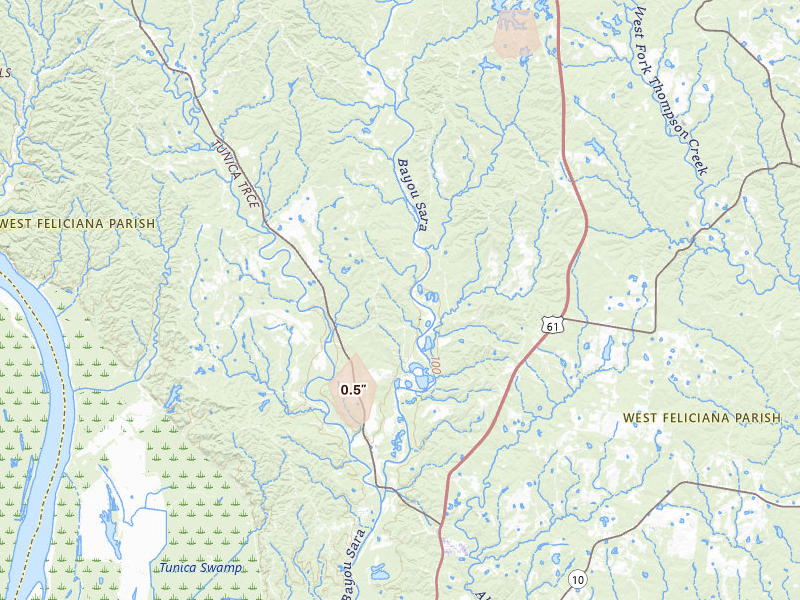 Radar-estimated hail-size map of the storm over Saint Francisville, LA on Sep 4, 2026