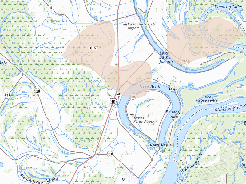 Radar-estimated hail-size map of the storm over Saint Joseph, LA on Apr 24, 2026