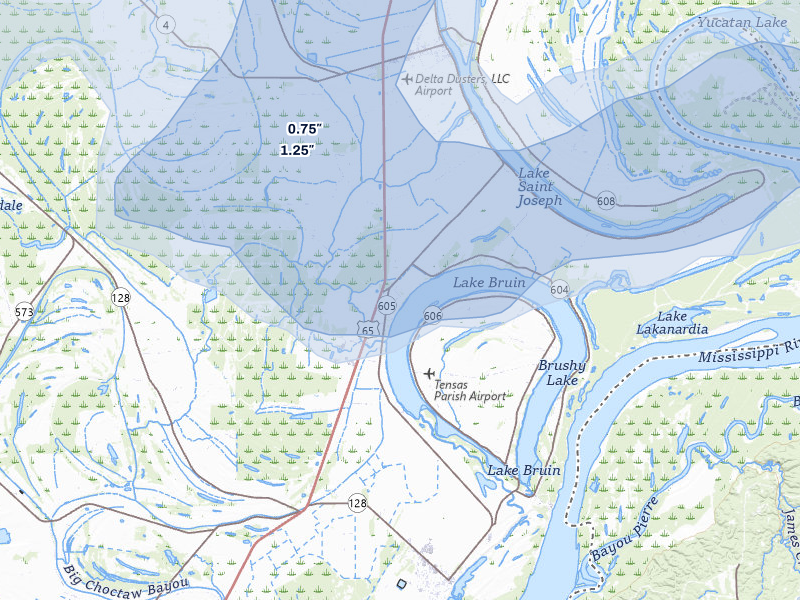 NEXRAD radar-signature map of the hail over Saint Joseph, LA