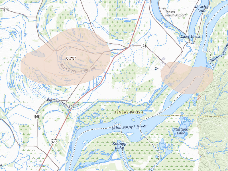 Radar-estimated hail-size map of the storm over Saint Joseph, LA on Apr 29, 2026