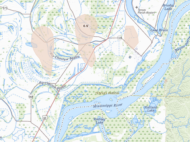 Radar-estimated hail-size map of the storm over Saint Joseph, LA on May 8, 2026