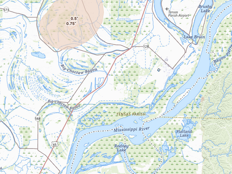 Radar-estimated hail-size map of the storm over Saint Joseph, LA on Jul 1, 2026