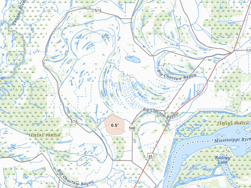 Radar-estimated hail-size map of the storm over Saint Joseph, LA on Aug 6, 2026