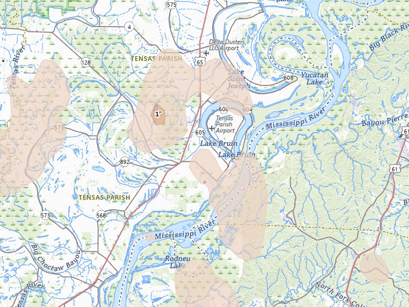 Radar-estimated hail-size map of the storm over Saint Joseph, LA on Aug 21, 2026