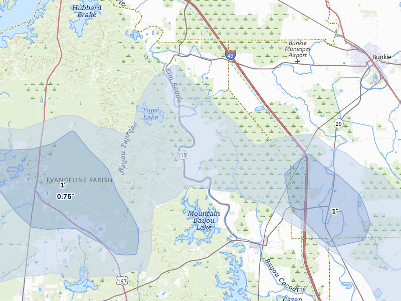 NEXRAD radar-signature map of the hail storm over Saint Landry, LA on Jul 5, 2026