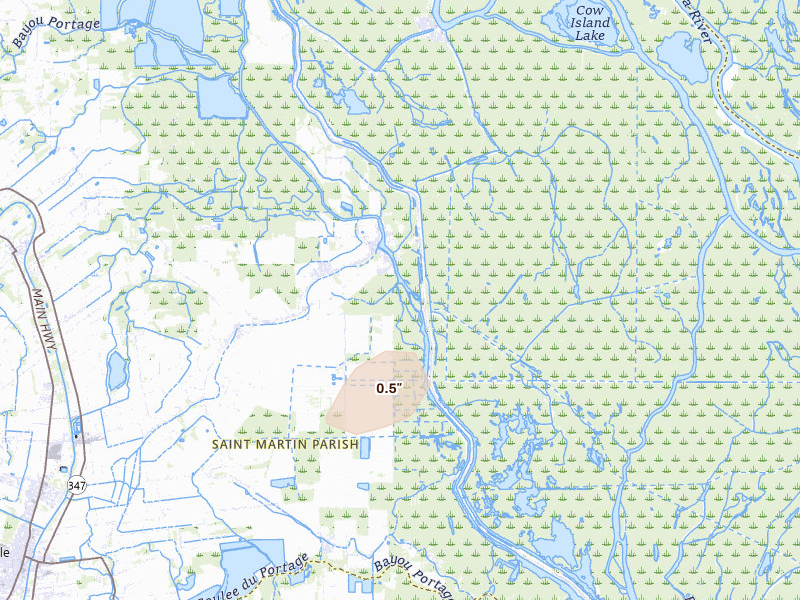 Radar-estimated hail-size map of the storm over Saint Martinville, LA on May 22, 2026