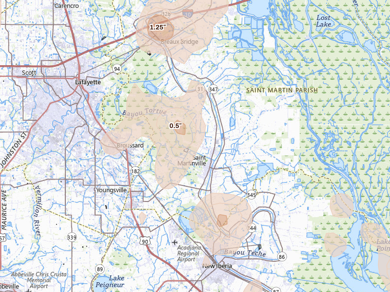 Radar-estimated hail-size map of the storm over Saint Martinville, LA on Aug 21, 2026