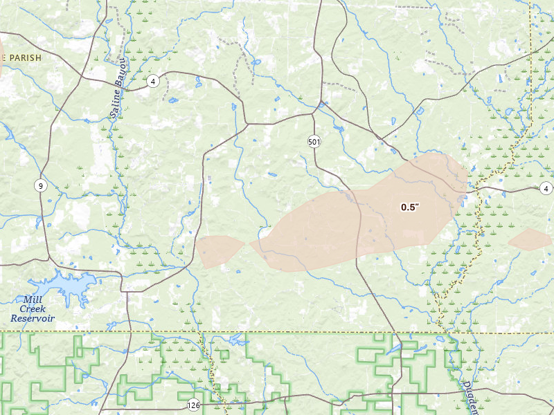 Radar-estimated hail-size map of the storm over Saline, LA on May 8, 2026