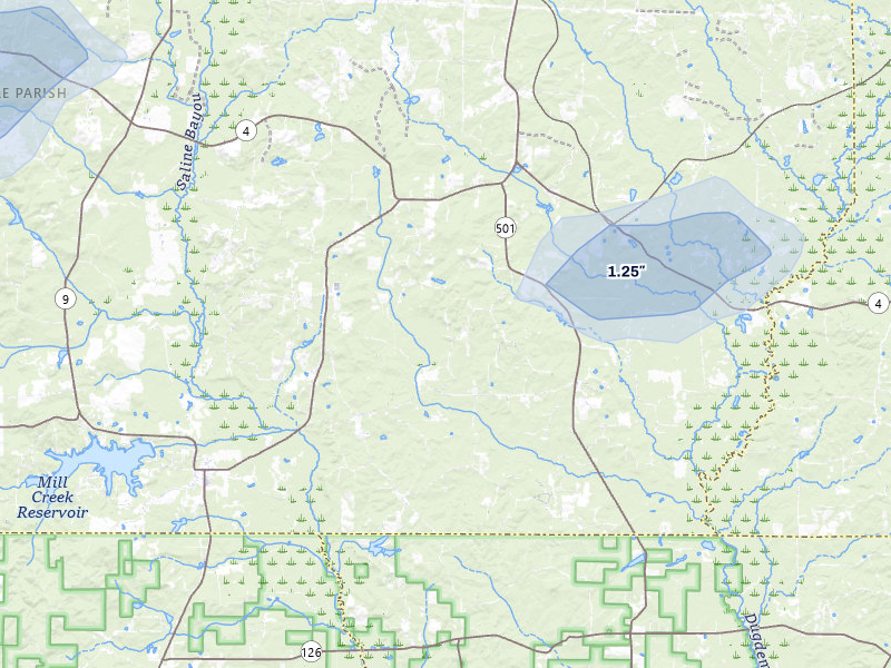 NEXRAD radar-signature map of the hail storm over Saline, LA on May 8, 2026