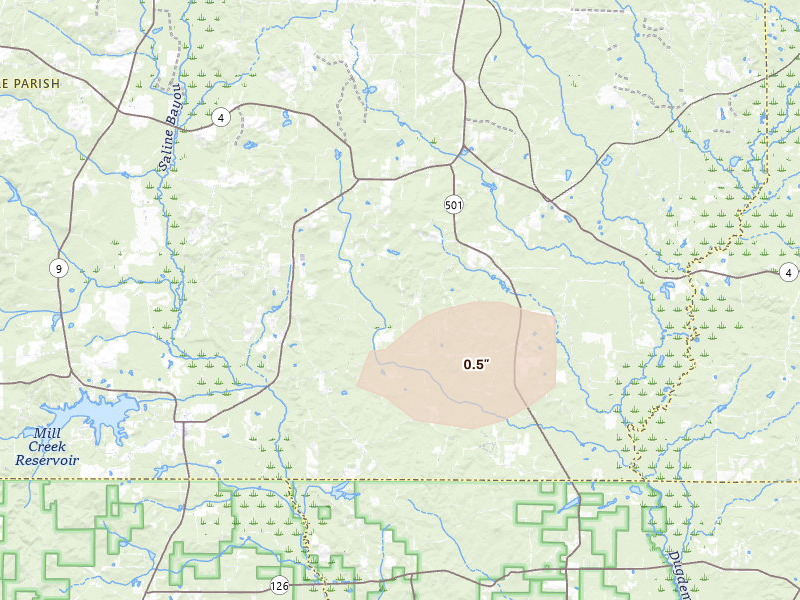 Radar-estimated hail-size map of the storm over Saline, LA on May 10, 2026