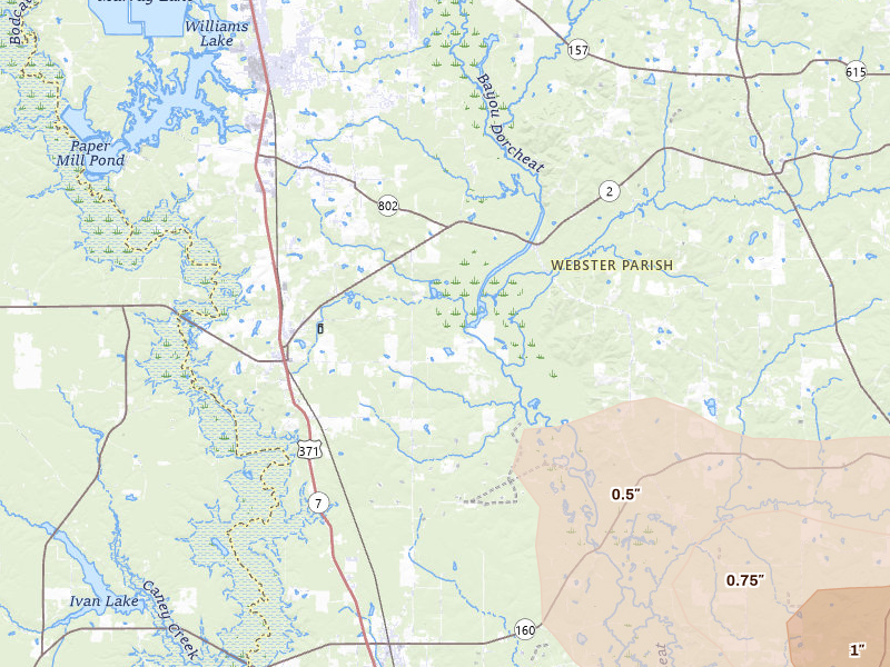 Radar-estimated hail-size map of the storm over Sarepta, LA on Apr 25, 2026