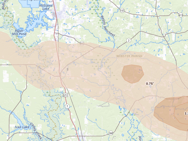 Radar-estimated hail-size map of the storm over Sarepta, LA on Apr 29, 2026