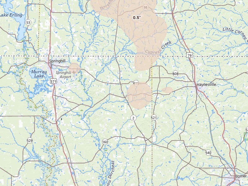 Radar-estimated hail-size map of the storm over Shongaloo, LA