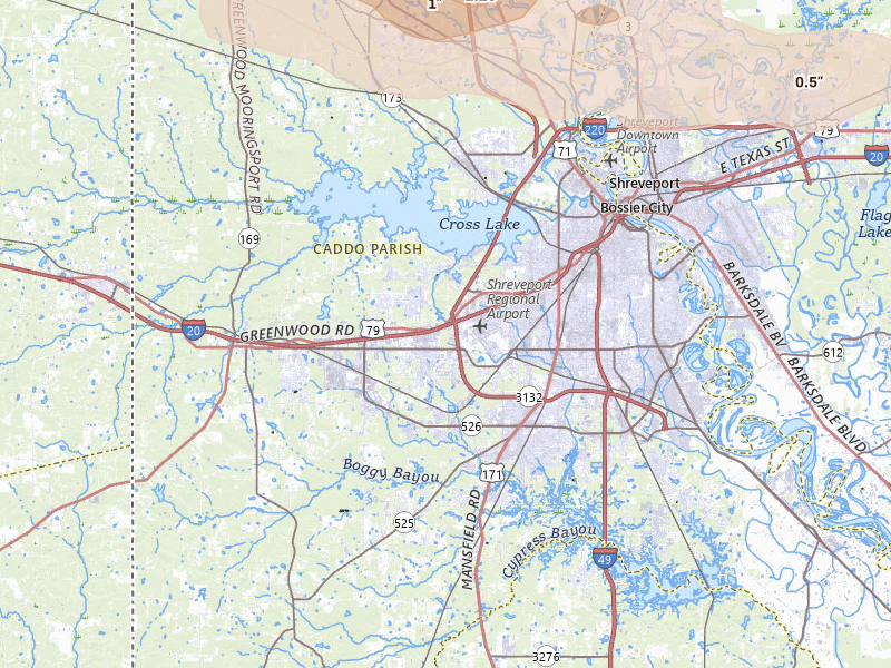 Radar-estimated hail-size map of the storm over Shreveport, LA on Mar 15, 2026