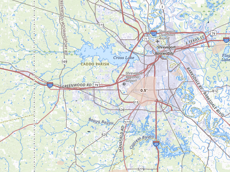 Radar-estimated hail-size map of the storm over Shreveport, LA on May 22, 2026