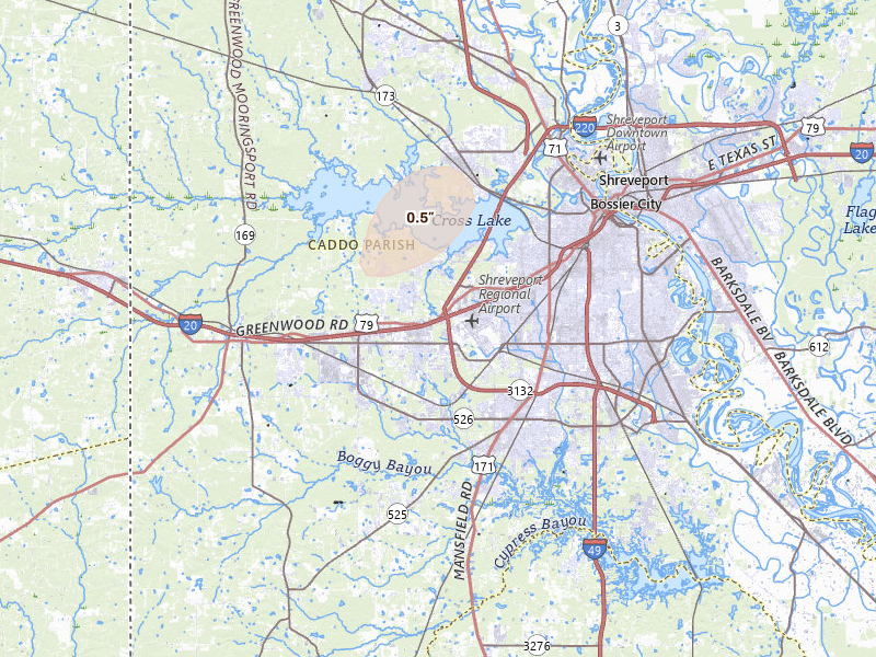 Radar-estimated hail-size map of the storm over Shreveport, LA on May 25, 2026