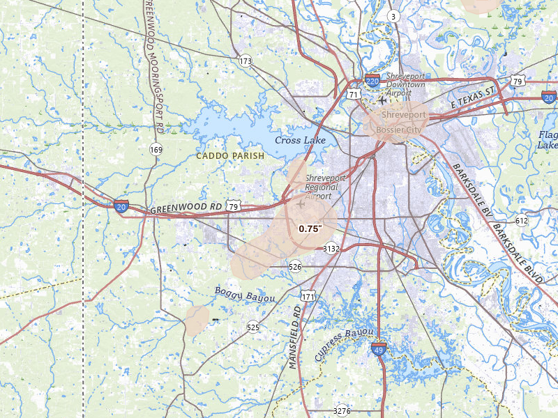 Radar-estimated hail-size map of the storm over Shreveport, LA on Jun 2, 2026