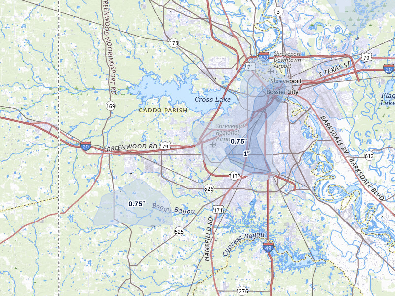 NEXRAD radar-signature map of the hail over Shreveport, LA