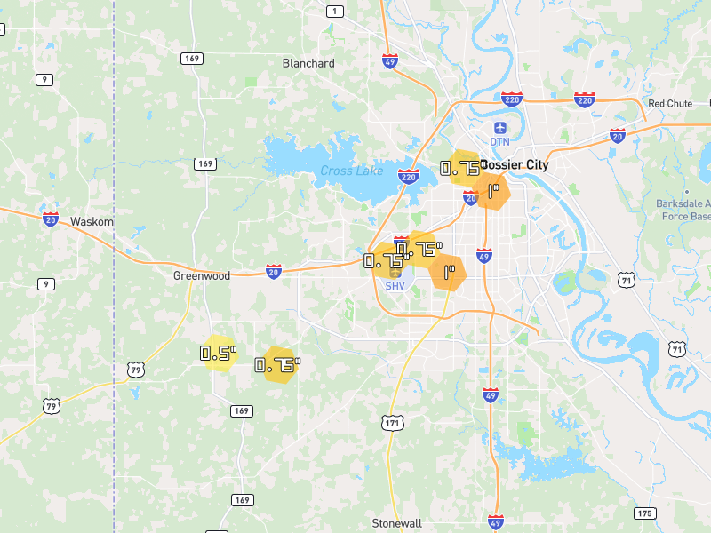 Hail map of Shreveport, LA on Jun 2, 2026, hail up to 1"